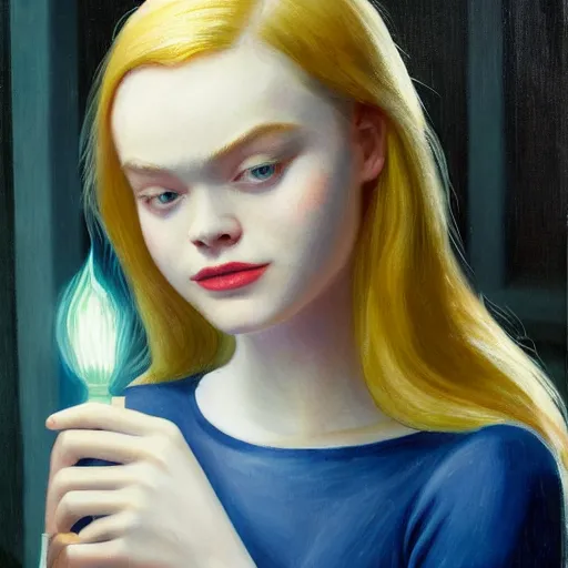 Image similar to Painting of Elle Fanning holding a torch in the rain, long blonde hair, delicate, pale milky white porcelain skin, by Edward Hopper. 8K. Extremely detailed.