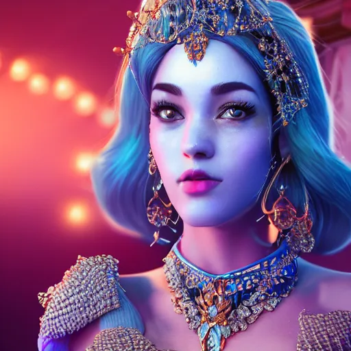 Prompt: portrait princess of sapphire, glowing, ornate and intricate blue jewelry, jaw dropping beauty, glowing background lighting, blue accent lighting, hyper detailed, fairy tale, 4 k octane render