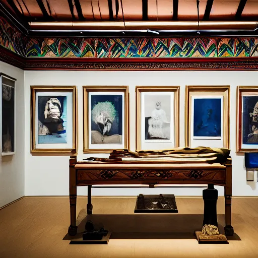 Image similar to a fujifilm x - h 2 s color photography of a minimalist museum room, ethnographic objects on display, paint splash, fantastic anthropology, dream ethnology, highly detailed, 1 8 0 0 dpi