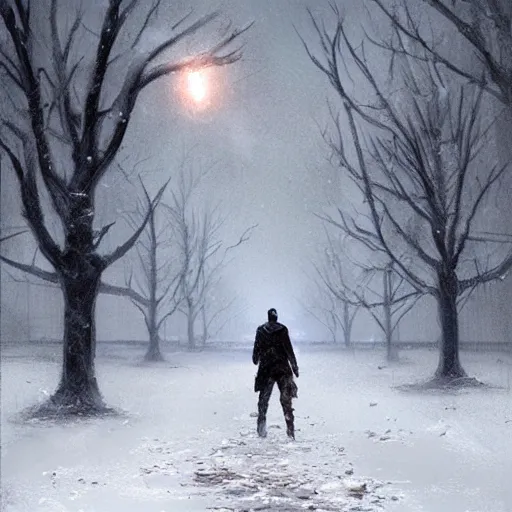 Prompt: a man walking in the snow in zombie apocalypse by greg rutkowski