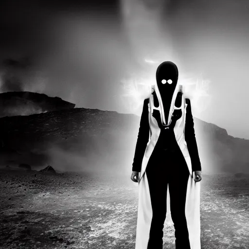 Image similar to agent woman with white suit, she wear gasmask, in mordor, standing close to Sauron's eye, fire raining, professional photography, black and white, cinematic, eerie