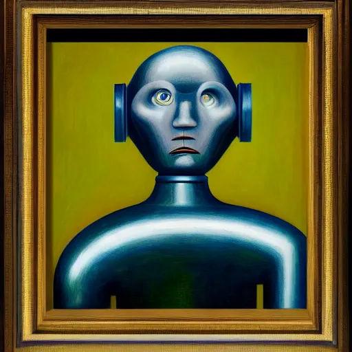 Image similar to super - intelligent robot with kind eyes portrait, grant wood, pj crook, edward hopper, oil on canvas