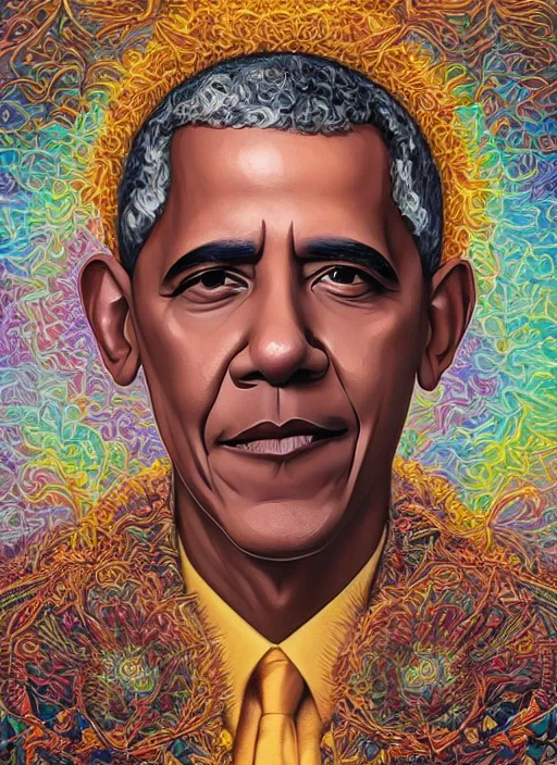 Image similar to beautiful oil painting, full length portrait of Barack Obama in coronation robes 1701, Dan Mumford, Dan Mumford, Alex grey, Alex grey, highly detailed , lsd visuals, dmt fractal patterns, hallucinogen, visionary art, psychedelic art, ornate, vaporwave, baroque