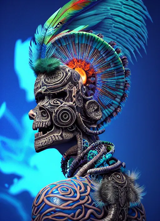 Image similar to 3 d shaman with tattoos profile portrait, sigma 5 0 0 mm f / 5. beautiful intricate highly detailed quetzalcoatl skull and feathers. bioluminescent, plasma, lava, ice, water, wind, creature, thunderstorm! artwork by tooth wu and wlop and beeple and greg rutkowski, 8 k trending on artstation,