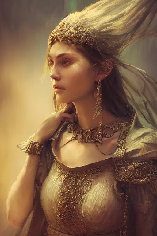 Image similar to medieval princess, gorgeous, close-up portrait, intricate, elegant, volumetric lighting, scenery, digital painting, highly detailed, artstation, sharp focus, illustration, concept art, ruan jia, steve mccurry