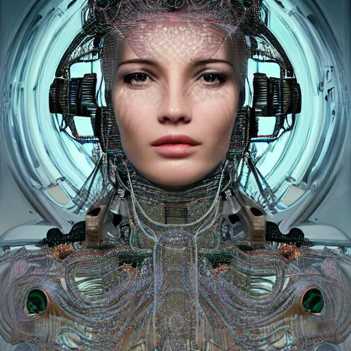 Image similar to very beautiful woman integrating with technology, full face frontal centered, portrait, insipiring, detailed intricate ornate cables connected to head, big open electric eyes, luxurious detailed abundent wiring and implants, diamonds, sci-fi, neon, emeralds, detailed technology full background, highly detailed, artstation, Rene Lalique and Eddie Mendoza and Gil Elvgren