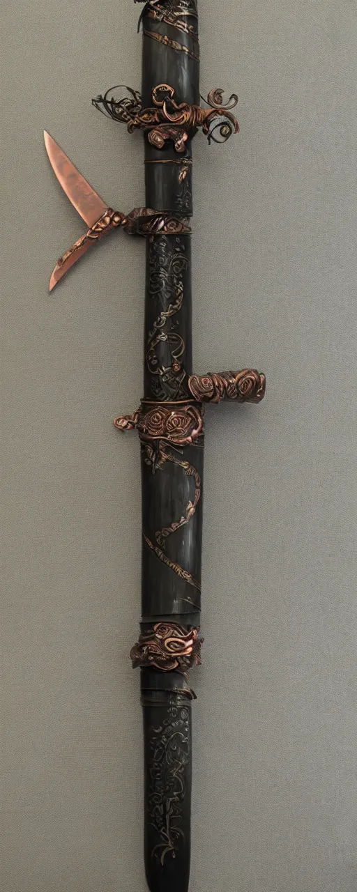 Image similar to copper sword decorated with cyan roses, black runes on the blade, a large beautiful black hilt