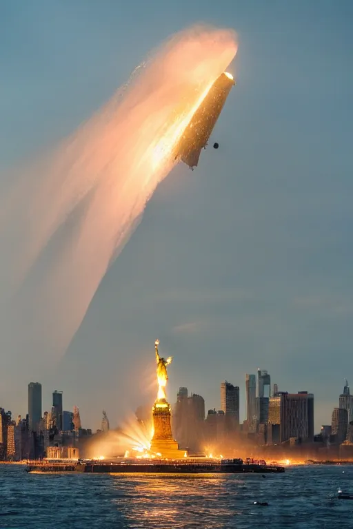 Image similar to disaster photography, airship hits the statue of liberty, full color, explosion, 8k, hd, high resolution