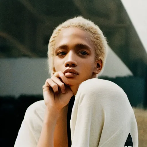 Image similar to realistic! photoshoot for a new adidas lookbook, color film photography, portrait of a beautiful blonde woman, in style of tyler mitchell, 35mm