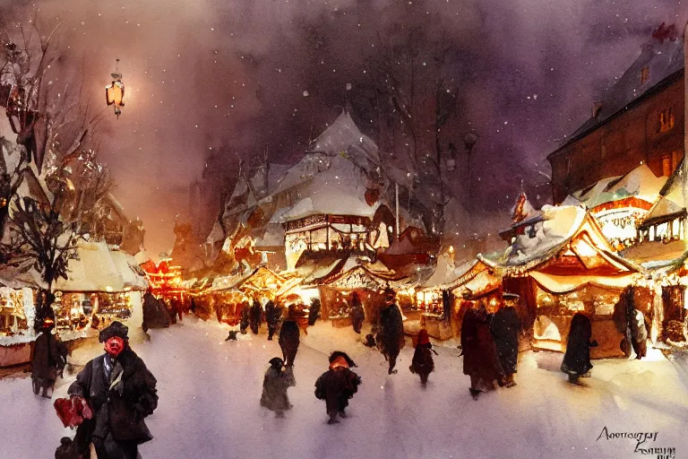 Prompt: abstract watercolor painting of village street, magic diamond crystal winter, traditional christmas market, cinematic light, national romanticism by anders zorn, by greg rutkowski, by greg manchess