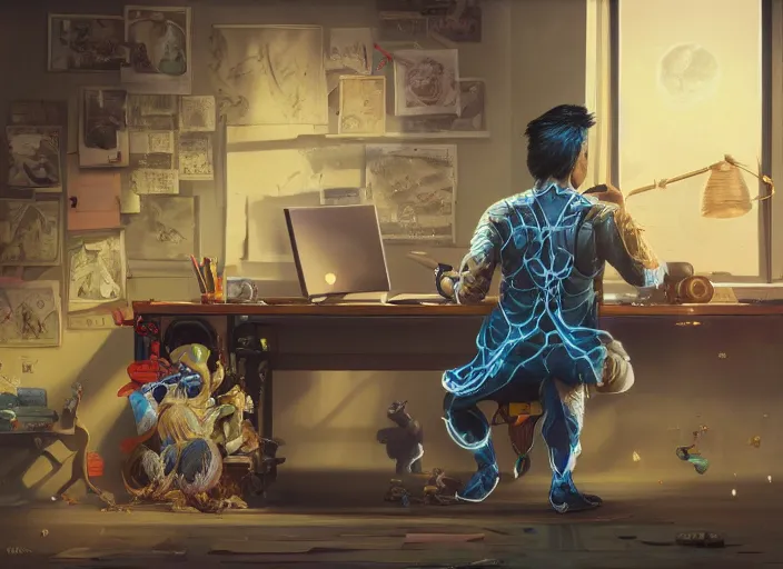 Image similar to an insanely detailed painting of an asian man wearing a homemade superhero costume, sitting at a desk, staring seriously at the computer and typing, in the style of peter mohrbacher, james jean, dramatic lighting and composition, surreal background, octane render, pixar, trending on artstation, concept art, comic book, view from behind, 8 k