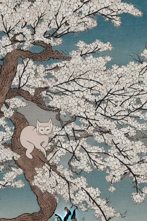 Image similar to white cat in sakura tree in the style of Utagawa Hiroshige, high resolution 4k