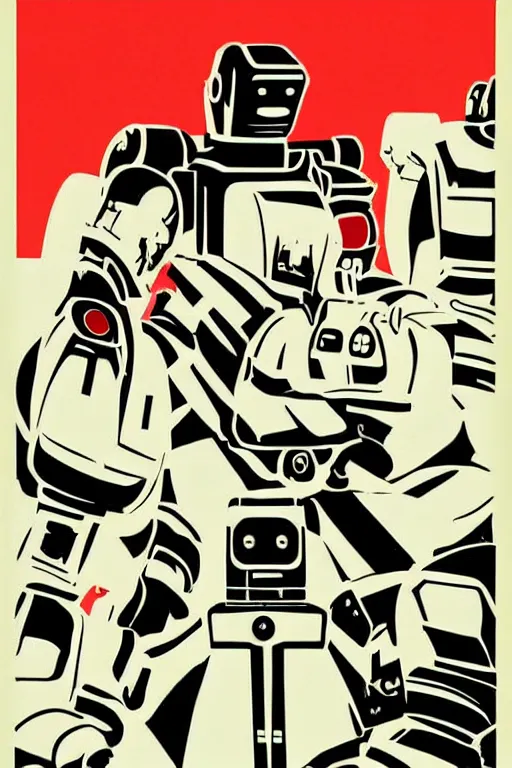 Image similar to sovietwave propaganda poster about the dangers of robots, minimalist, silkscreen, graphic design, russian text