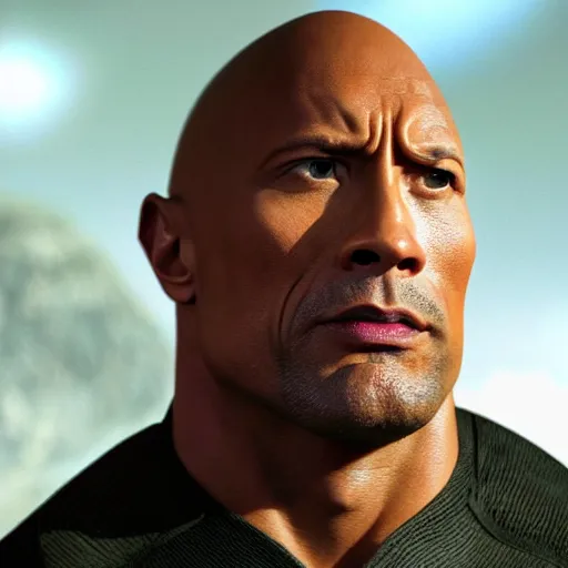 Image similar to a full body portrait of dwayne johnson as a star fleet officer from star trek next generation, ultra rendered extreme realism and detail, 8 k, highly detailed, realistic, completely framed, hyper realistic, colorful, direct lighting, 3 5 mm photo, photorealistic, sharp focus