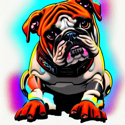 Image similar to « a comic styled painting of a cyborg bulldog sitting down, cyberpunk digital art by greg rutkowsky, illustration, colourful, sharp focus, highly detailed, future tech, sketchfab »