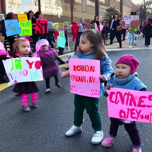 Image similar to babies protesting in front of a daycare center