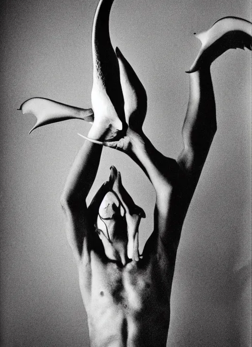 Prompt: helmut newton photograph of a man with the moon for a face, swan wings, a tree body, 3 5 mm, studio lighting