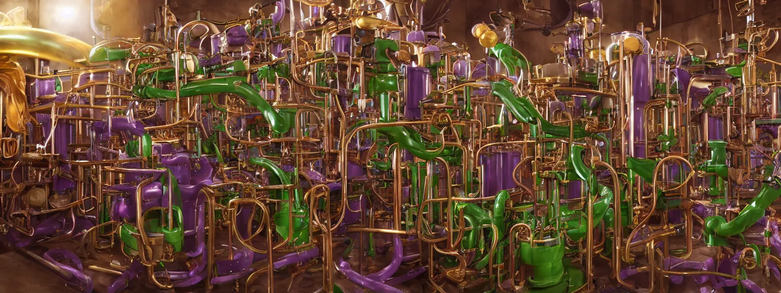 Image similar to machine apparatus for making snake oil, huge copper machine fed by a hopper of snakes, purple and green pipework, art by ed roth and kenny scharf, barrels of snake oil in a hermetically sealed production line, golden hour lighting, film still from the uncle aloysius family medicine depot movie 3 d, 8 k