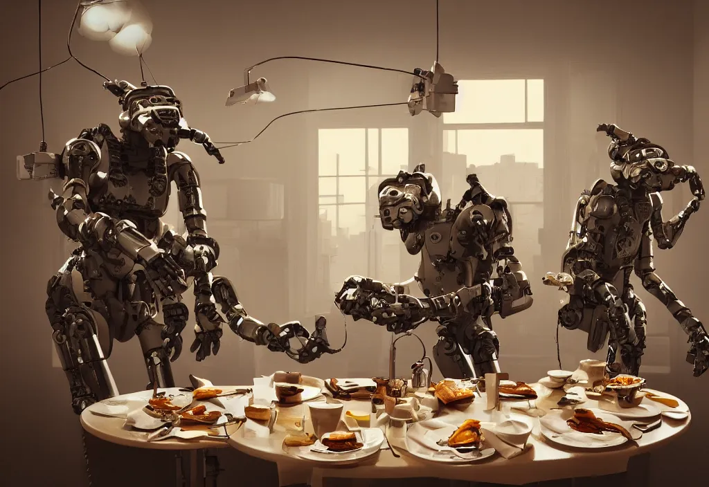 Image similar to accidentally wes anderson award - winning photograph of boston dynamics robots eating breakfast and drinking coffee, epic battlescene, 4 k, detailed, art by greg rutkowsky, trending on artstation, cinematic lighting, filmic grain, golden hour, detailed, 4 k