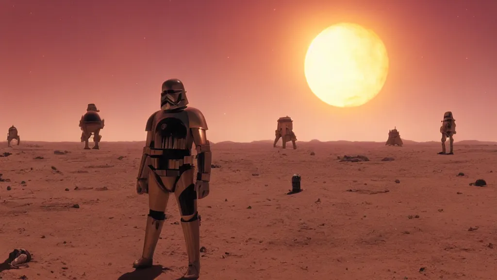 Prompt: film still A new hope tatooine Binary sunset