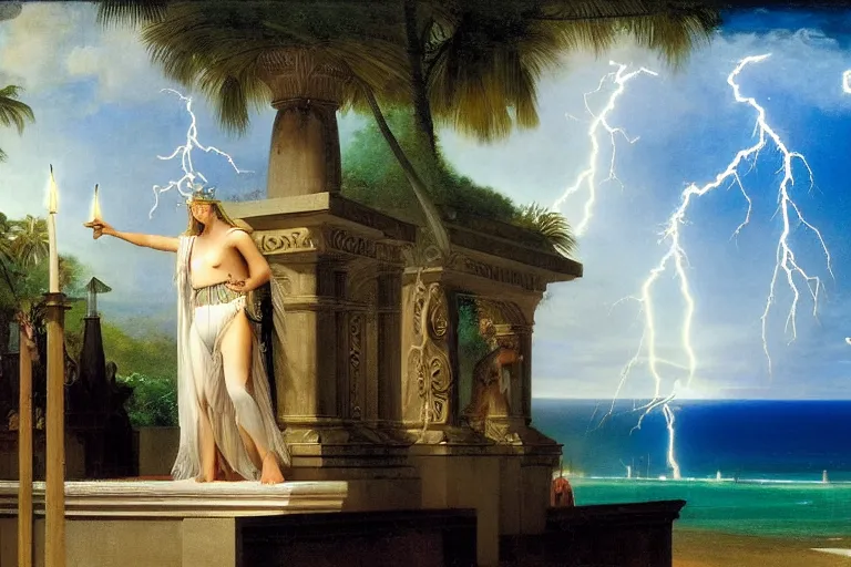 Prompt: The High Priestess on front of balustrade and palace columns, refracted lightnings on the ocean, thunderstorm, tarot cards characters, beach and Tropical vegetation on the background major arcana sky and occult symbols, by paul delaroche, hyperrealistic 4k uhd, award-winning, very detailed paradise