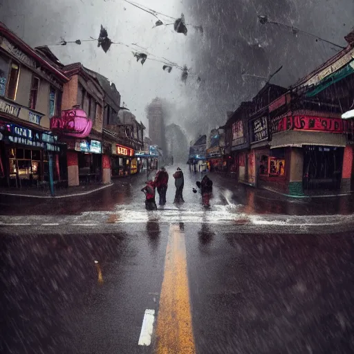 Prompt: 1 9 5 0 s town street in the middle of a rainstorm, fisheye!!!!!! lens, shot by jimmy nelson and greg rutkowski, cgsociety contest winner, intricately defined, complexly detailed, photorealistic photography, 4 k