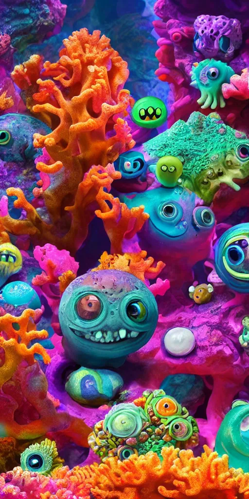 Image similar to of a colorful deep sea cave with strange cute friendly happy creatures with huge eyes, mouth, long tongue and round teeth appearing from sandy coral, in the style of gehry and gaudi, macro lens, shallow depth of field, ultra detailed, digital painting, trending artstation, concept art, illustration, cinematic lighting, photorealism, epic, octane render