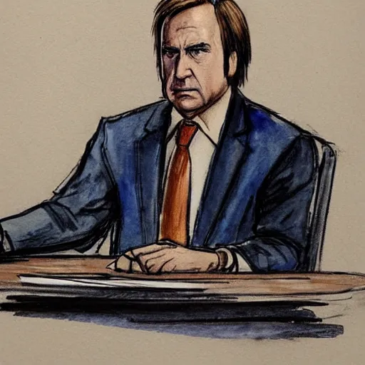 Prompt: saul goodman on trial in courtroom, courtroom sketch, ink and watercolor, judge, courtroom, concept art, deep illustration, cinematic lighting, perfect composition,