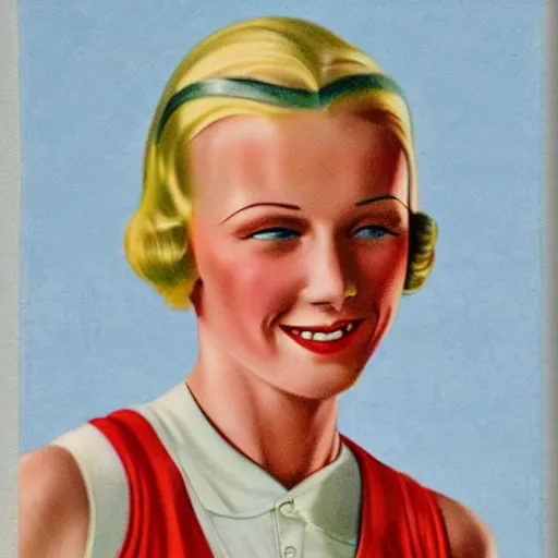 Prompt: a 1 9 3 0 s color portrait. happy, healthy, beautiful, smiling, young, sporty, blonde, blue - eyed woman in decent athletic wear. hyper - realistic detailed drawing