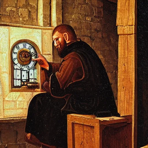 Prompt: medieval monk maintaining an extremely complex mechanical clock, oil painting, warm lighting