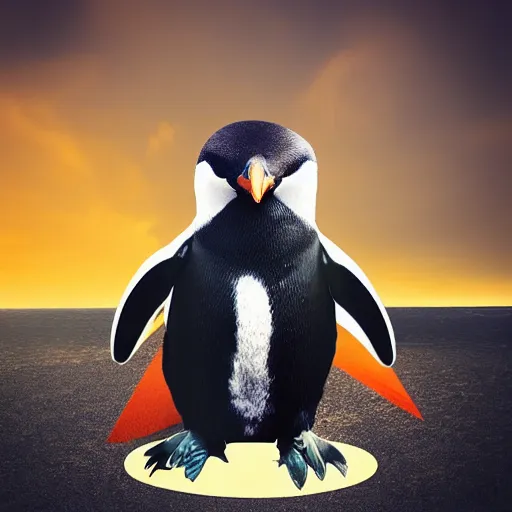 Image similar to “Penguin flying on a rocket, digital art, award winning”