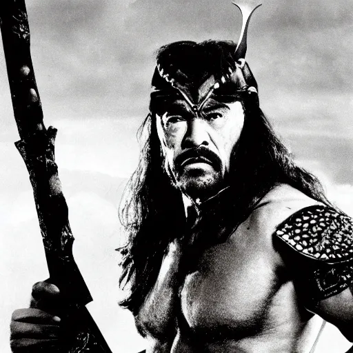 Prompt: conan the barbarian but he has a big moustache and he's at the opera