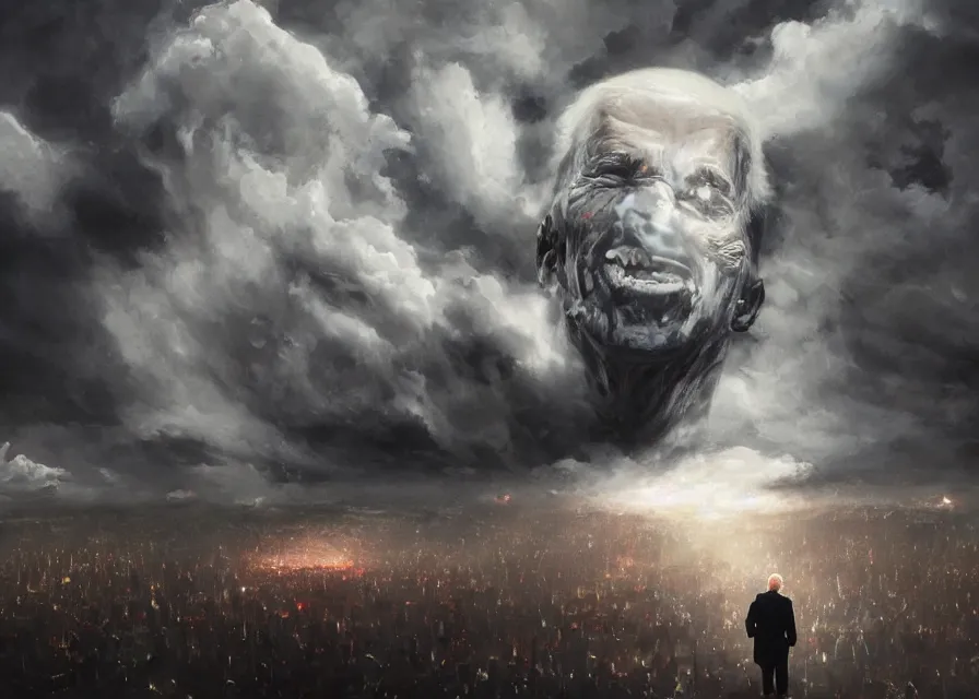 Image similar to large abstract painting of giant Joe Biden grinning evil emperor of the world made out of clouds emerging in dark clouds, cosmic horror, evil, dangerous, trending on ArtStation, masterpiece, by Greg Rutkowski, by Ross Tran, by Fenghua Zhong, octane, lightbeam eyes, soft render, clear facial features, oil on canvas, immense crowd of people, moody lighting, cinematic, professional environment concept art