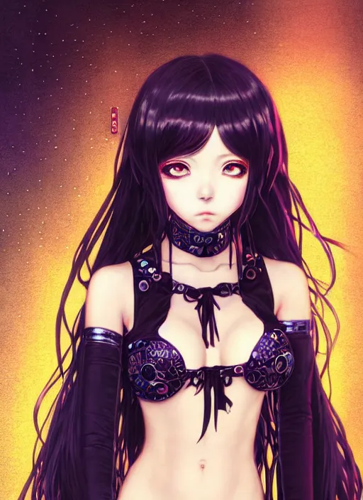 Prompt: portrait of beautiful young gothic anime maiden in bikini armor, cute-fine-face, pretty face, realistic shaded Perfect face, fine details. Anime, cyberpunk, highly detailed, artstation, illustration, art by Ilya Kuvshinov and Gustav Klimt and Gustav Klimt and Gustav Klimt and Gustav Klimt