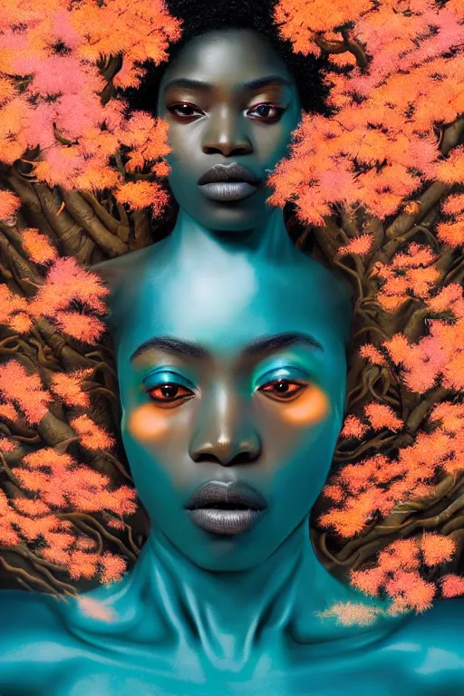 Image similar to hyperrealistic post - renaissance cinematic super expressive! yoruba goddess with exoskeleton armor, merging with tree in a forest, pink orange flowers, highly detailed digital art masterpiece, smooth cam de leon eric zener dramatic pearlescent soft teal light, ground angle hd 8 k, sharp focus