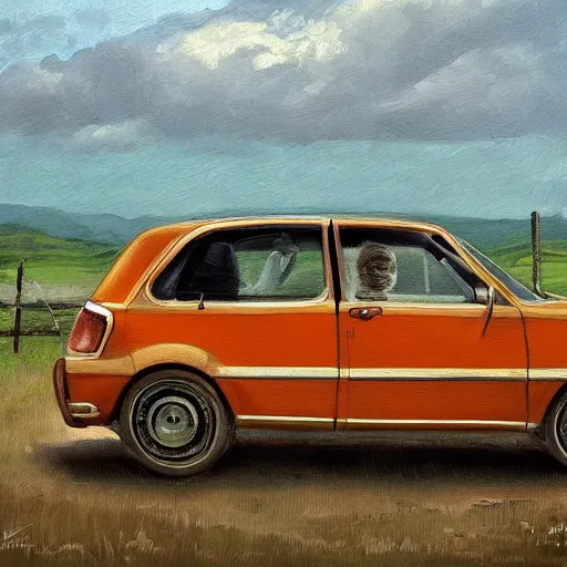 Image similar to weponized family car in toscany plains, artstation, fine art, oil painting, very detailed, very realistic