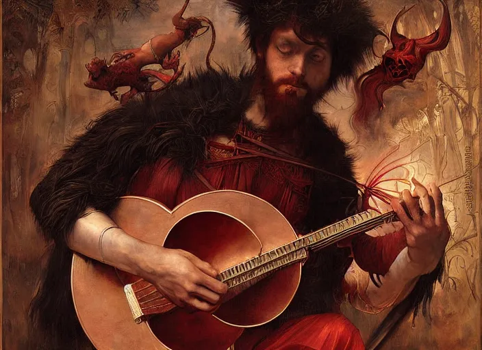 Image similar to bard - a devil with red skin and horns playing lute. edgar maxence and caravaggio and michael whelan and delacroix style, artistic, intricate painting, cinematic lighting, hyper realistic, extremely detailed, vivid colors, establishing shot, dramatic lighting