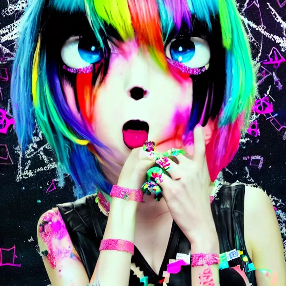 Image similar to photo of a emo manic pixie dream girl, 8k, portrait | sanrio glitchcore yokai girl, shadowverse character concept, found footage horror, glitter gif | d anime decora gyaru kawaii fashion model, v tuber, darling in the frank,asuka, anime best girl, with glitch and scribble effects, psychedelic colors, 3d render octane, by wlop, wenjr, beeple, artstation,imaginefx