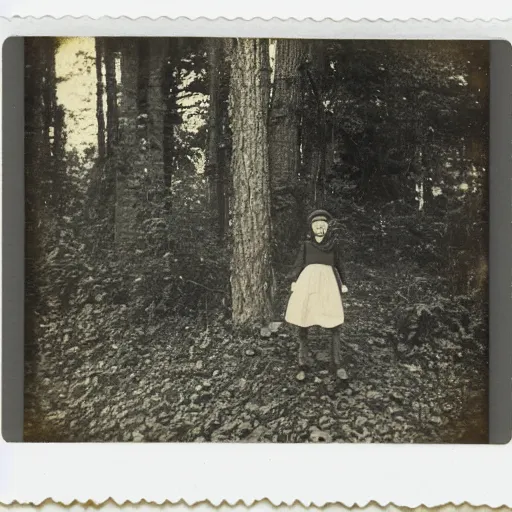 Prompt: Polaroid photo of Victorian child with a wide grin floating ten feet above the ground in a thick forest