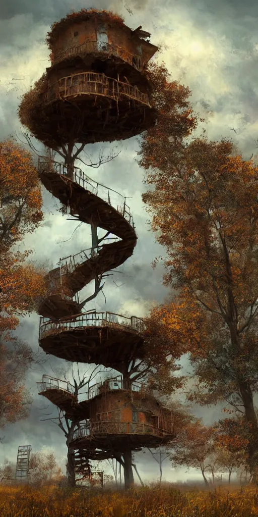 Image similar to tree house on a rusty broken building constructions of a giant upside - down spiral edgy staircase, leading to the sky, the ruins, in the steppe, autumn field, misty background, from the game pathologic 2, highly detailed, sharp focus, matte painting, by isaac levitan and asher brown durand,