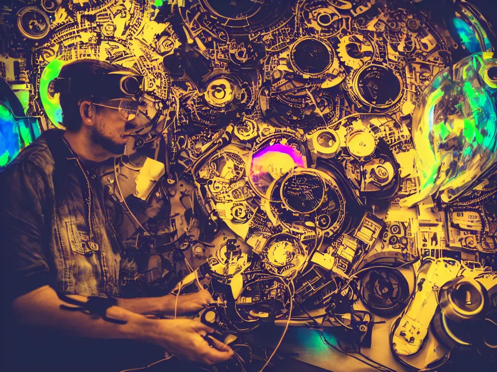 Image similar to a person wearing goggles and visor and headphones using a steampunk record player contraption, wires and tubes, turntablism dj scratching, intricate planetary gears, cinematic, imax, sharp focus, leds, bokeh, iridescent, black light, fog machine, hazy, lasers, hyper color digital art, cyberpunk