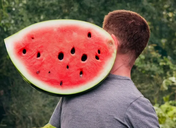 Prompt: film still of a man with a watermelon on his a head in the new horror movie, 4 k