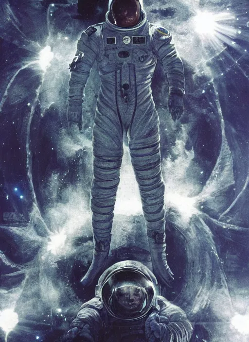 Image similar to astronaut in dark void underwater - complex and hyperdetailed technical suit design. reflection and dispersion materials. rays and dispersion of light. volumetric light. f / 3 2. noise film photo. flash photography. ultra realistic, 5 0 mm. poster by wayne barlowe, hajime sorayama aaron horkey, craig mullins