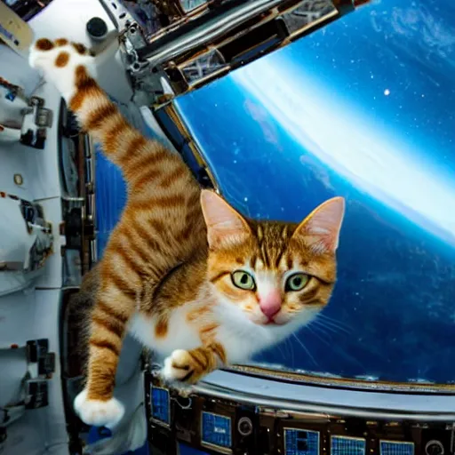Prompt: Photo of a cat floating inside the International Space Station, realistic award-winning