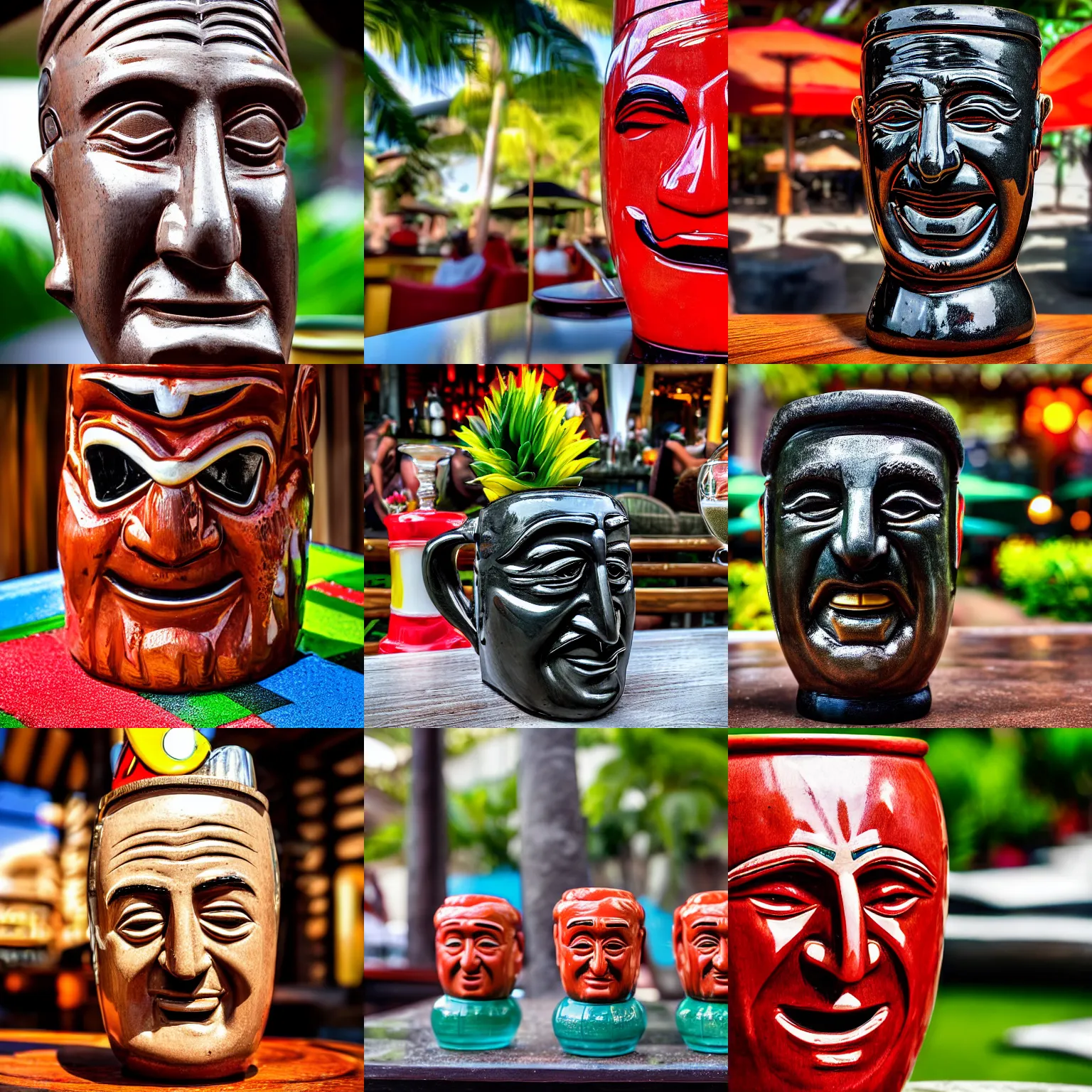 Prompt: a closeup photorealistic photograph of a glossy ferrari themed tiki mug at at an outdoor trader vic's bar featuring the smiling enzo ferrari's face. tiki theme. bright scene. fine detail. this 4 k hd image is trending on artstation, featured on behance, well - rendered, extra crisp, features intricate detail, epic composition and the style of unreal engine.