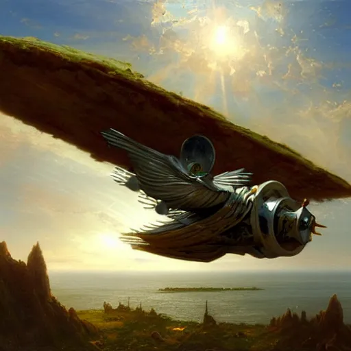 Image similar to a medievalpunk flying vehicle, matte painting, by thomas Cole, James Gurney, Craig mullins, RHADS, Trending on Artstation