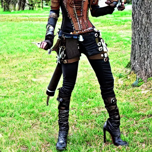 Image similar to full body photo of a skinny female steampunk rogue warrior
