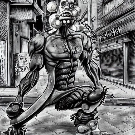 Prompt: a beautiful painting of a chainsawman with chainsaw arms posing for a picture on a city street by hirohiko araki, detailed line art, jojos bizarre adventure