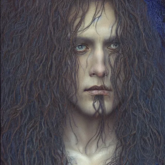 Prompt: a highly detailed portrait in the style of jean delville and in the style of gerald brom.