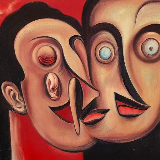 Image similar to Oil painting by Roberto Matta. Two mechanical gods kissing. Close-up portrait by Marlene Dumas. Dali.